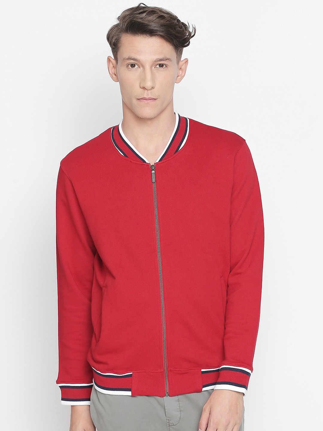 

Basics Men Red Solid Bomber Jacket