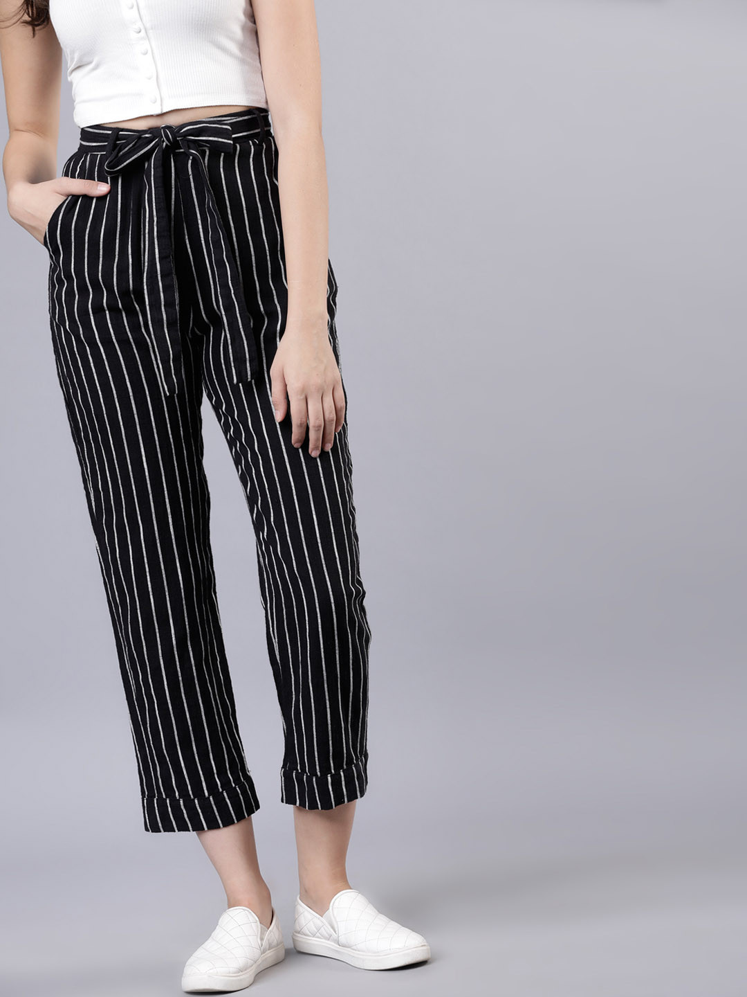 

Tokyo Talkies Women Black Regular Fit Striped Trousers