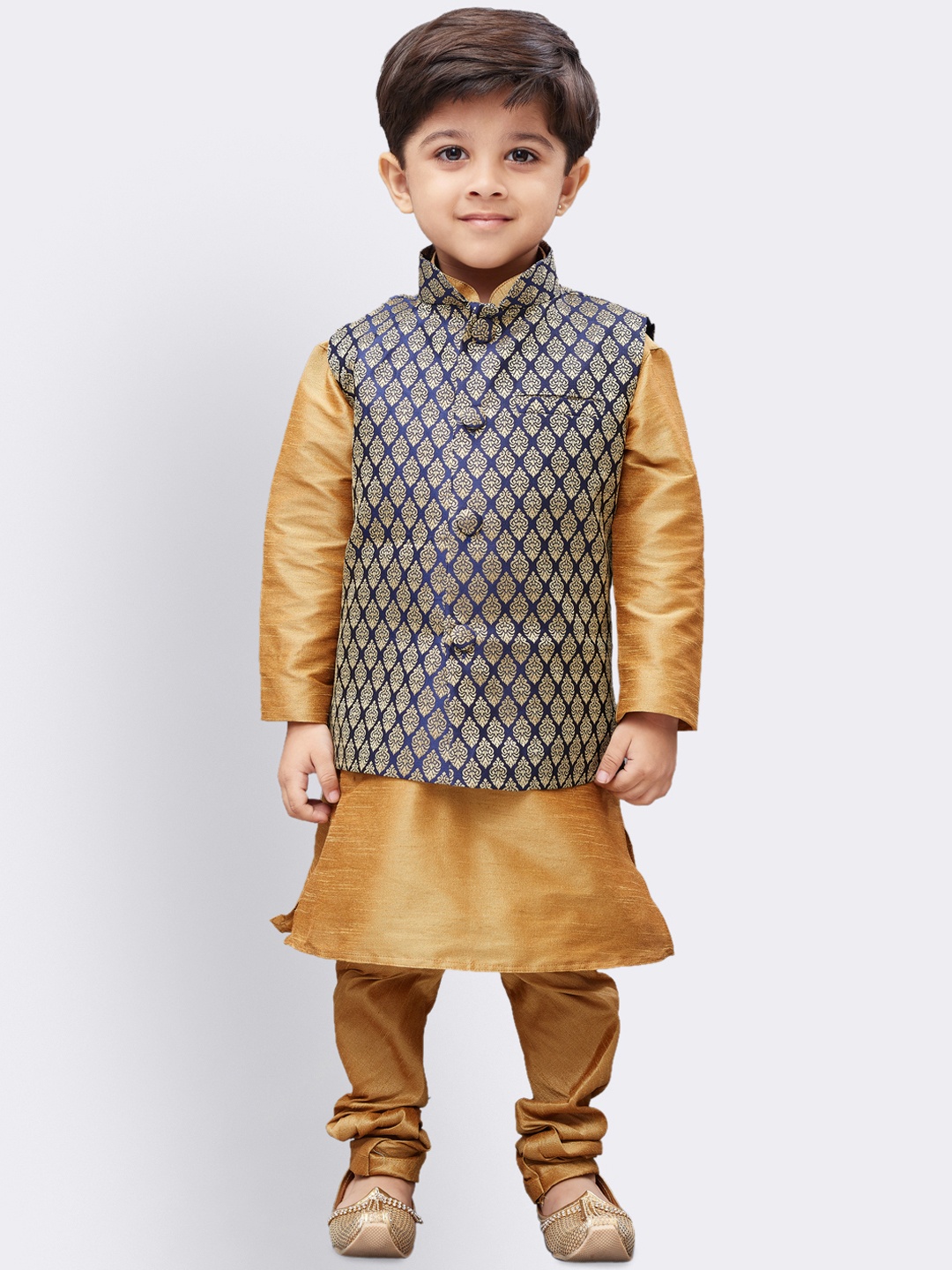 

JBN Creation Boys Gold-Coloured & Navy Blue Solid Kurta with Churidar & Nehru Jacket