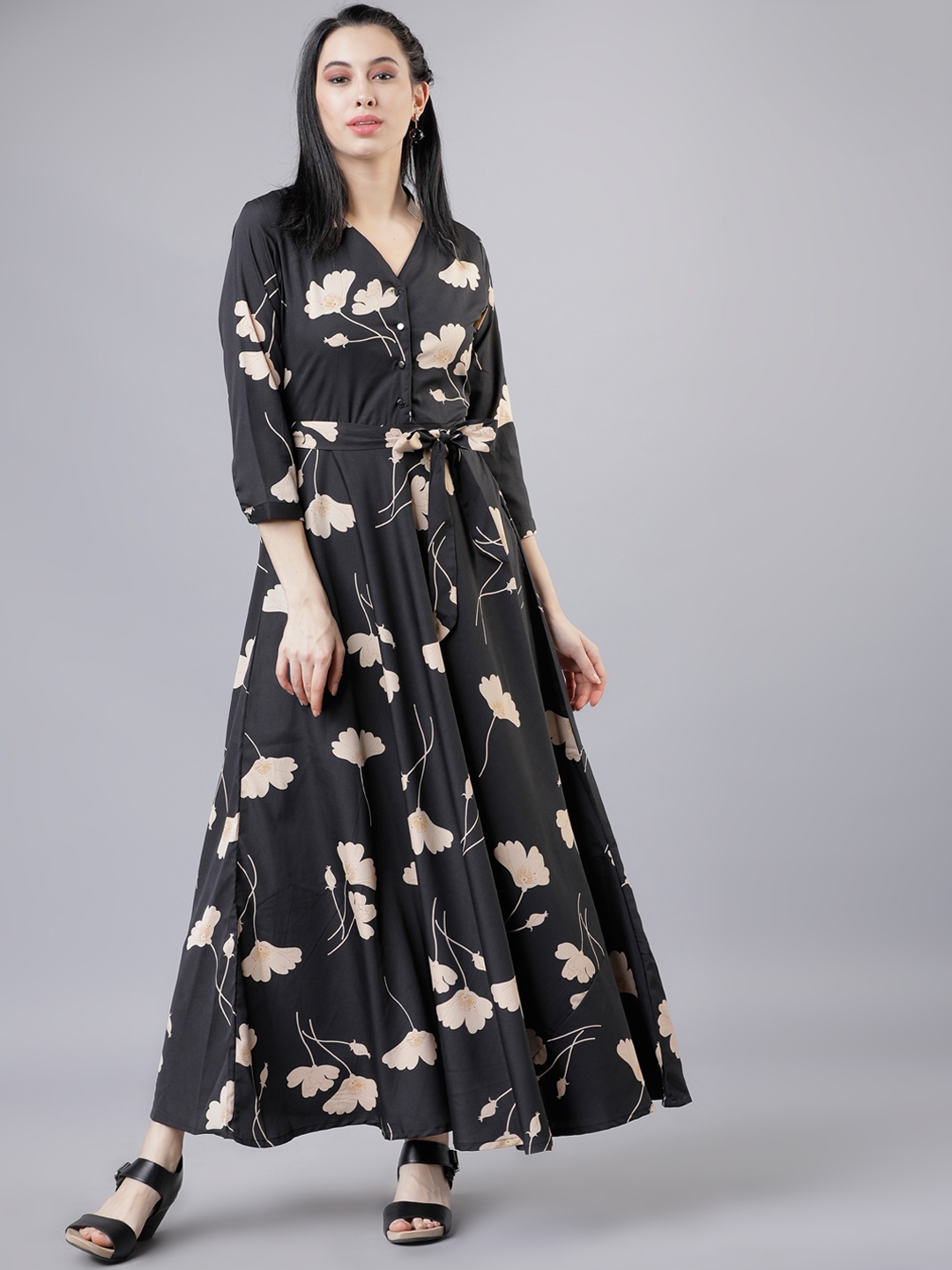 Tokyo Talkies Women Black & Beige Floral Print Maxi Dress