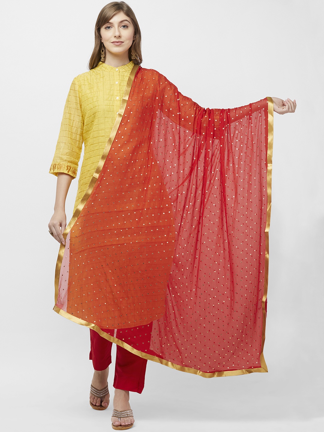 

Dupatta Bazaar Red & Gold-Coloured Woven Design Dupatta
