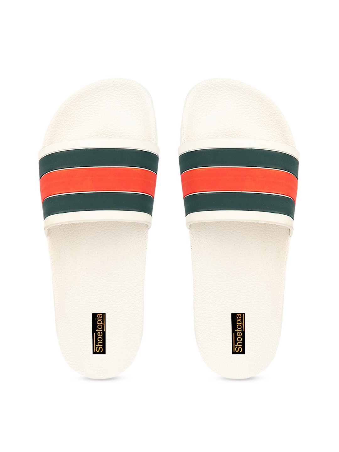 

Shoetopia Women White & Green Colourblocked Sliders