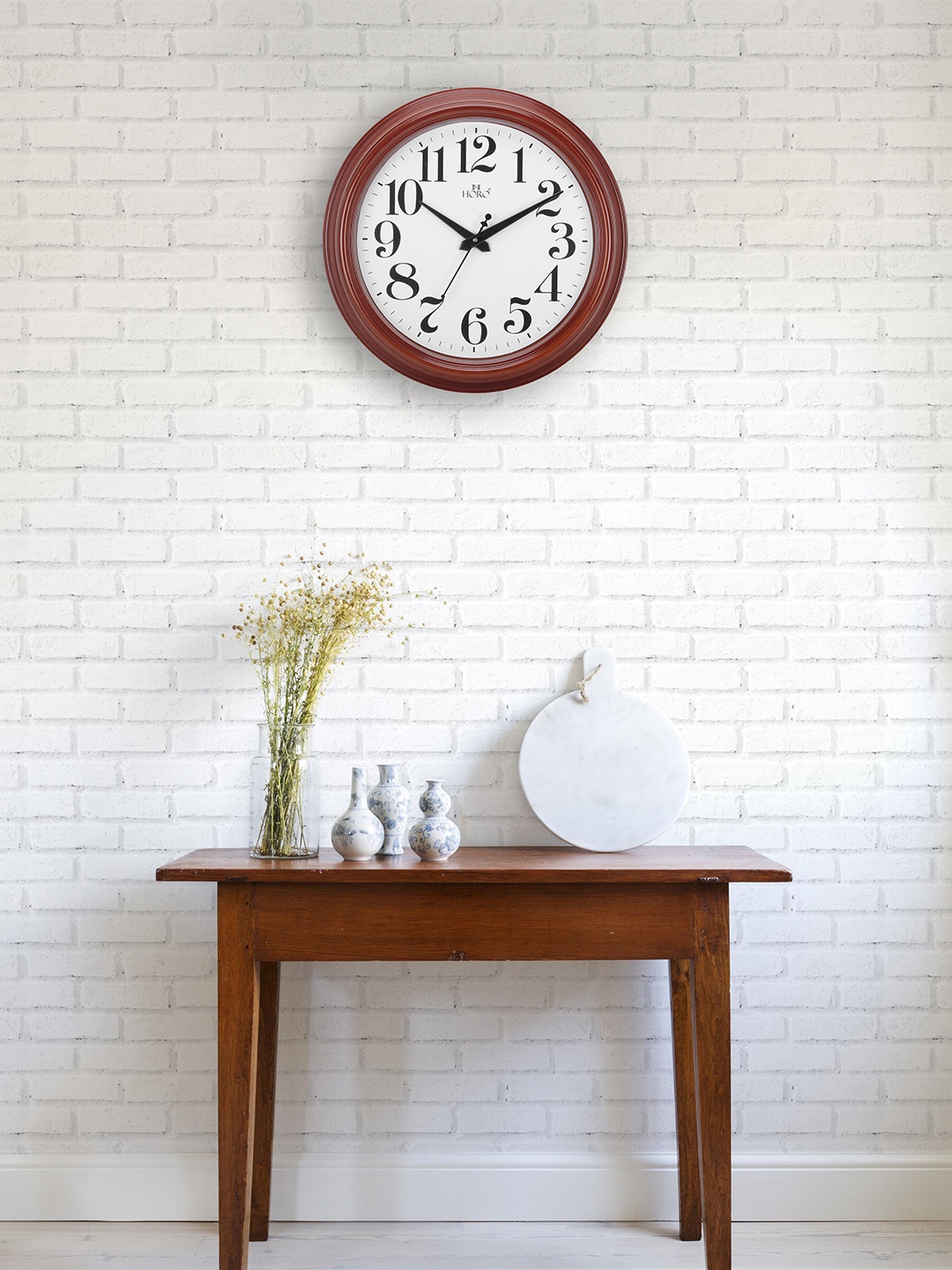 

Horo White & Brown Hand-Painted Round Solid Analogue Wall Clock