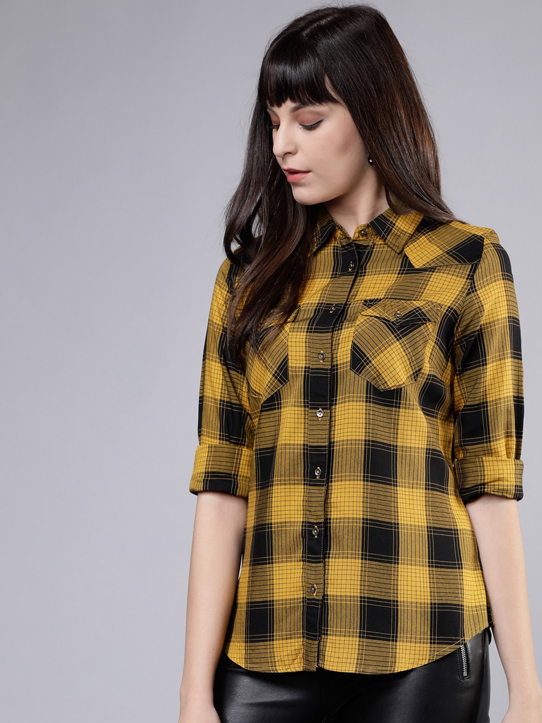 

Tokyo Talkies Women Mustard & Black Regular Fit Checked Casual Shirt