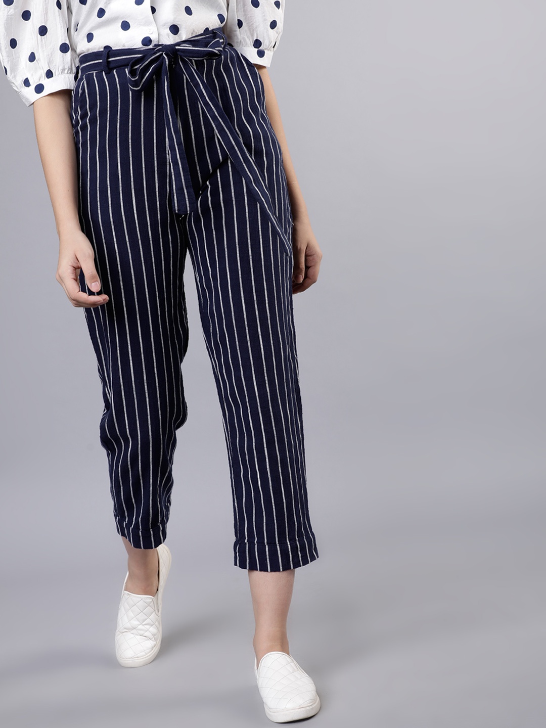 

Tokyo Talkies Women Navy Blue & White Regular Fit Striped Regular Trousers