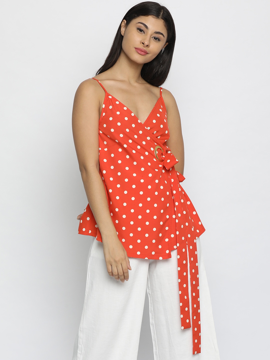 ISU Women Orange & White Polka Dot Printed Wrap Top
