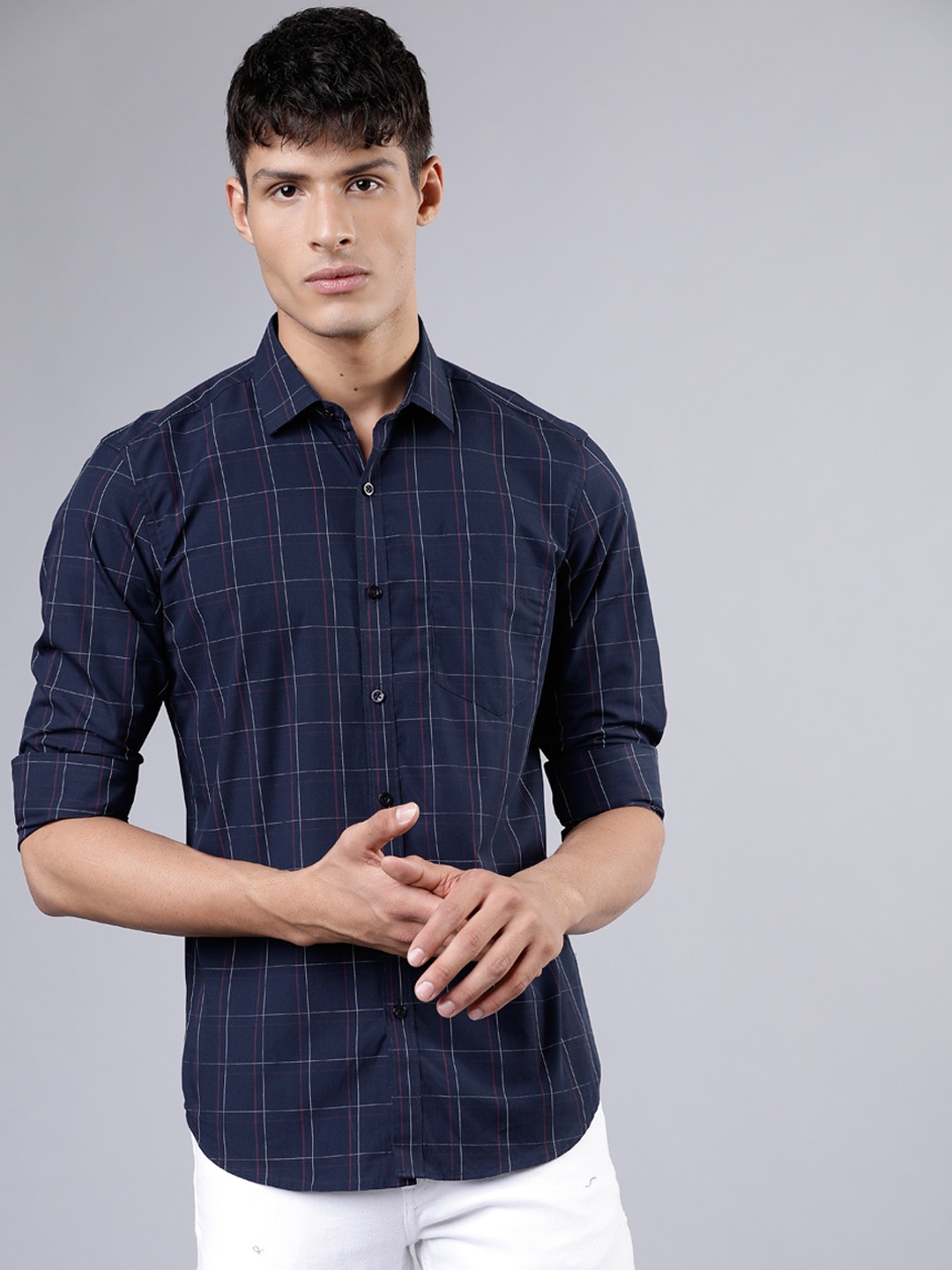 

HIGHLANDER Men Navy Blue Slim Fit Checked Casual Shirt