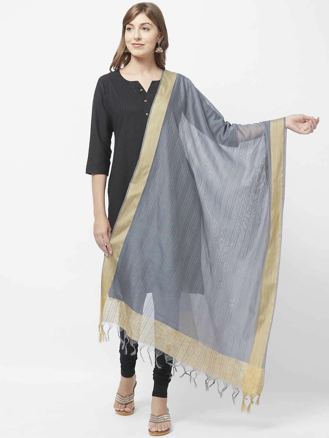 

Dupatta Bazaar Grey & Gold-Coloured Striped Dupatta