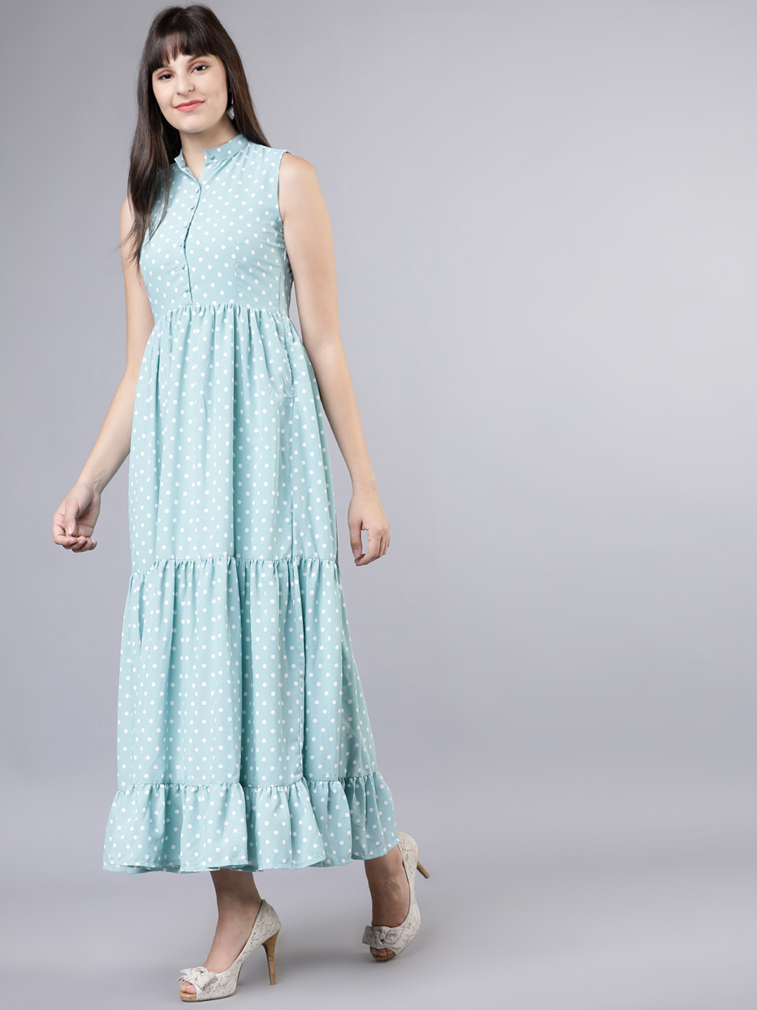 

Tokyo Talkies Women Turquoise Blue Polka Dots Shirt Dress
