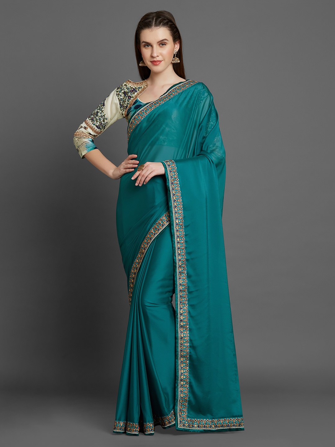 

Mitera Teal Green Solid Poly Georgette Saree