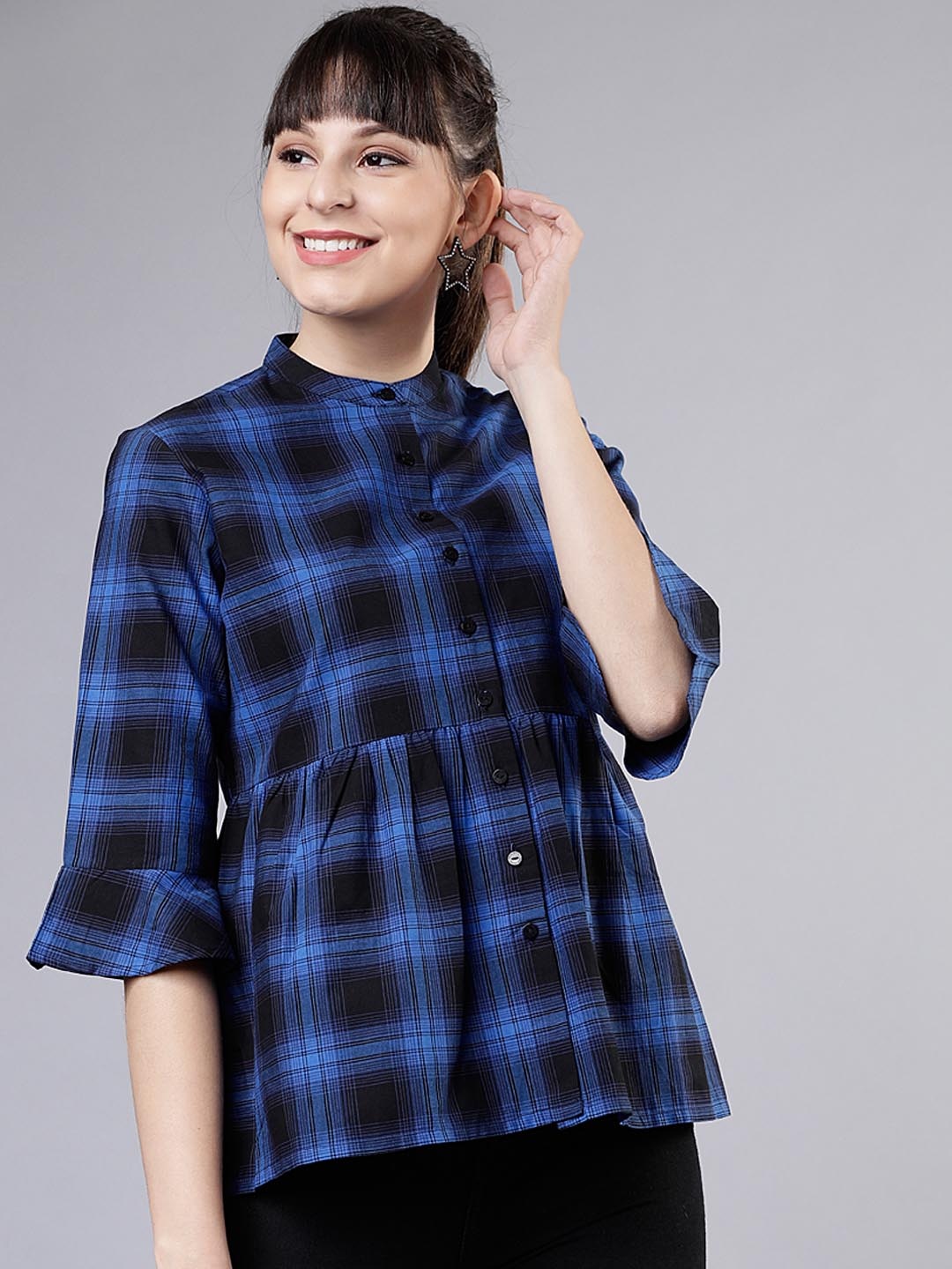 

Tokyo Talkies Women Blue & Black Checked Shirt Style Pure Cotton Top