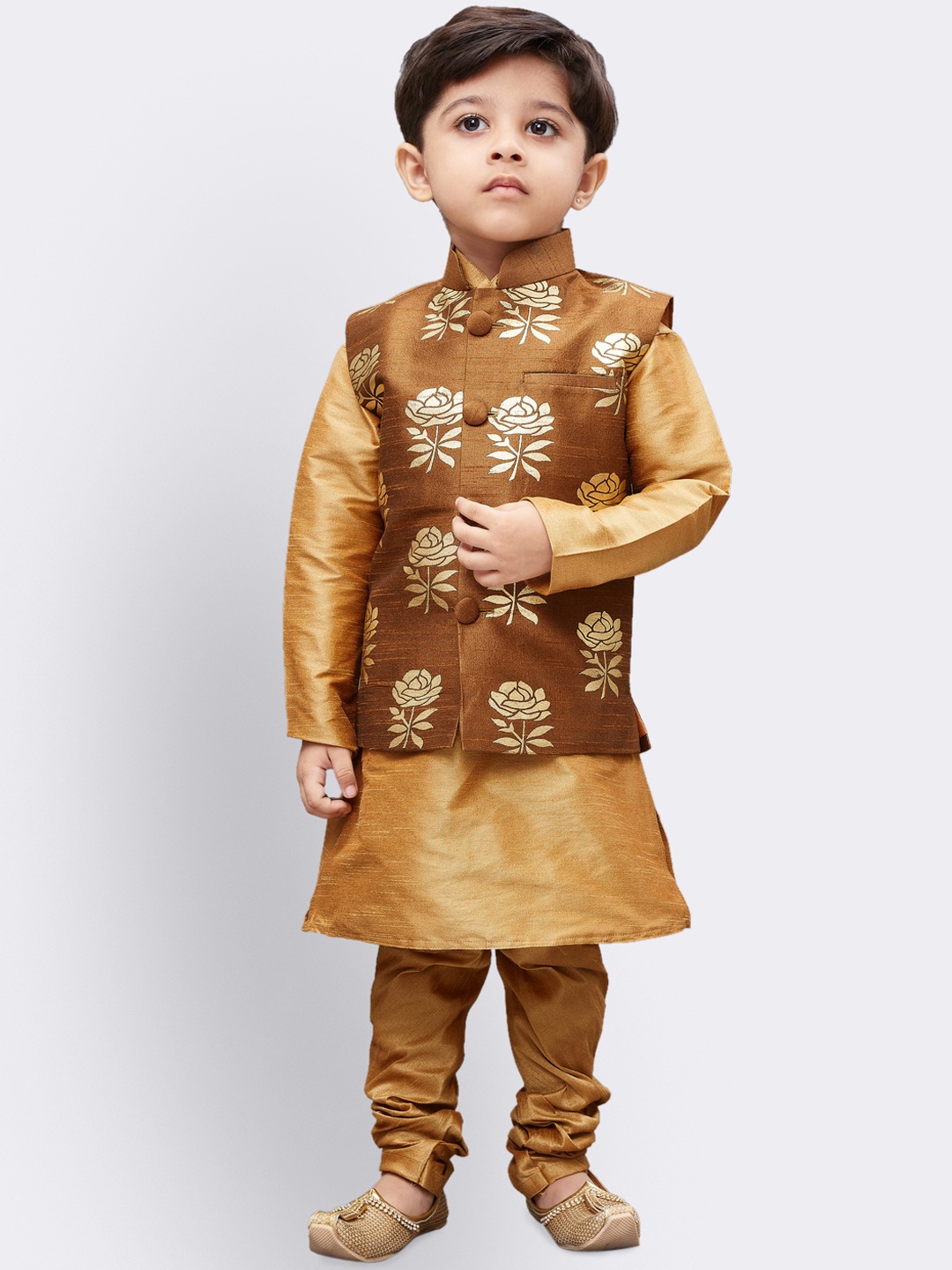 

JBN Creation Boys Gold-Toned & Brown Solid Kurta with Churidar & Nehru Jacket