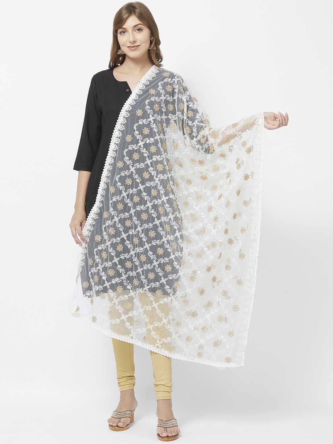 Dupatta Bazaar Off-White & Gold-Toned Embroidered Dupatta