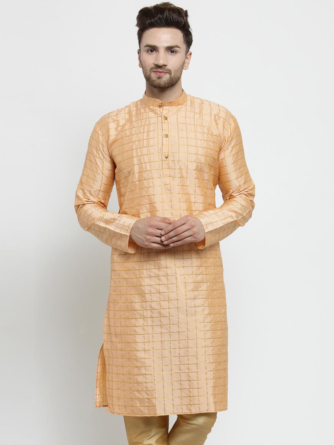 

SOJANYA Men Gold-Toned Checked Straight Kurta