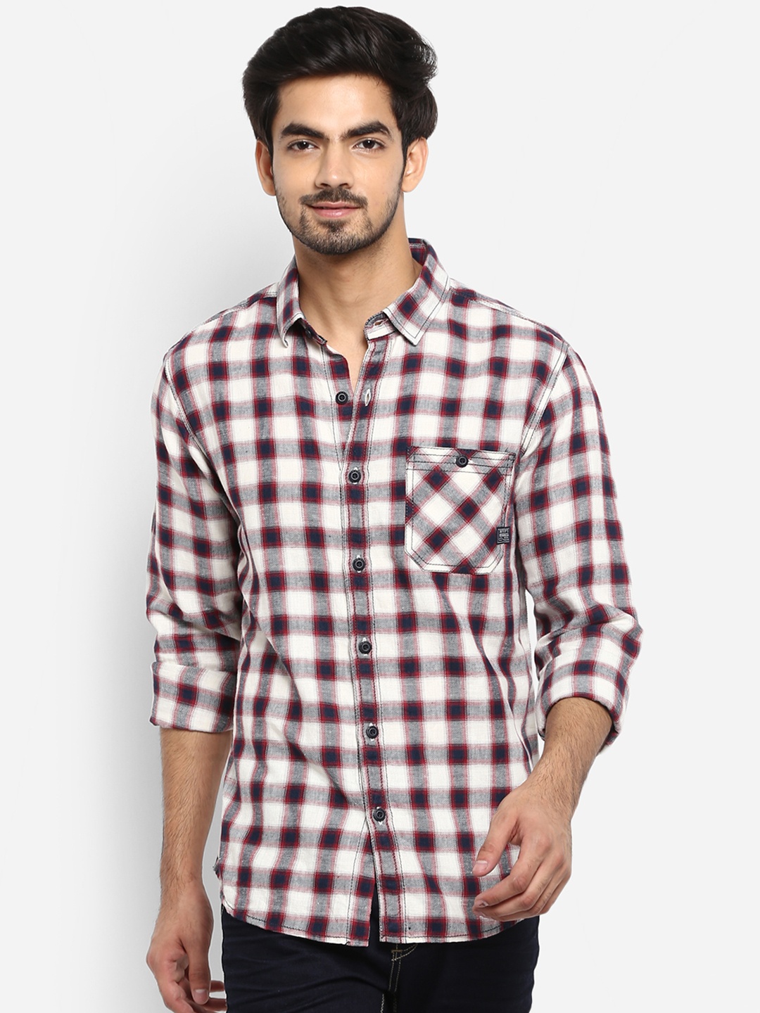 

Mufti Men White & Red Regular Fit Checked Casual Shirt