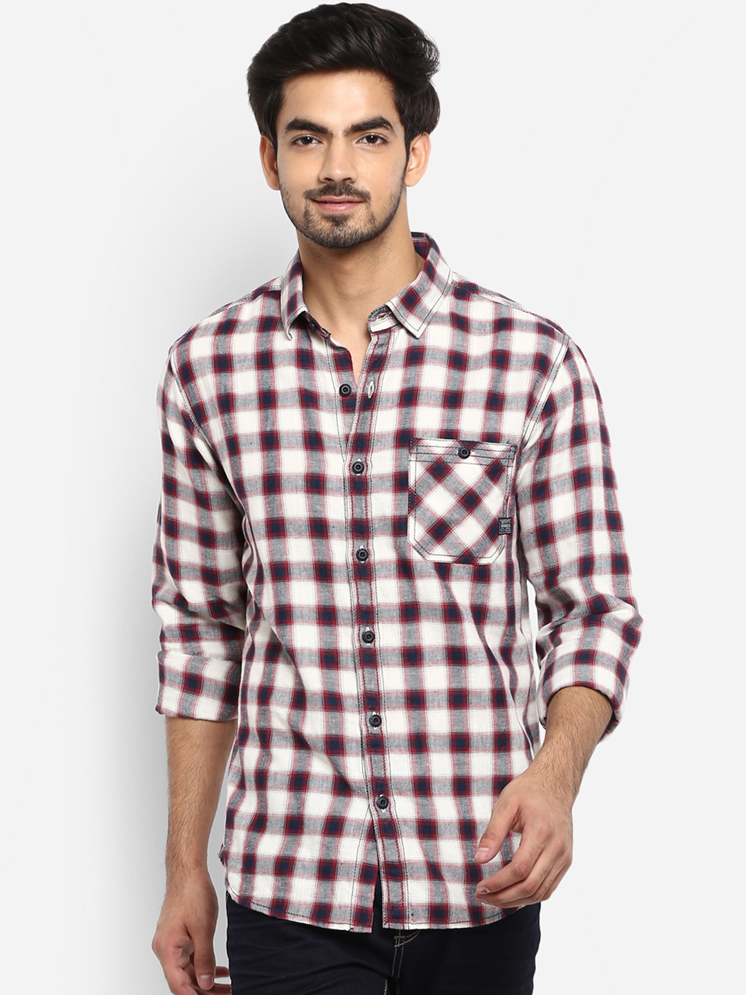 

Mufti Men White & Red Regular Fit Checked Casual Shirt