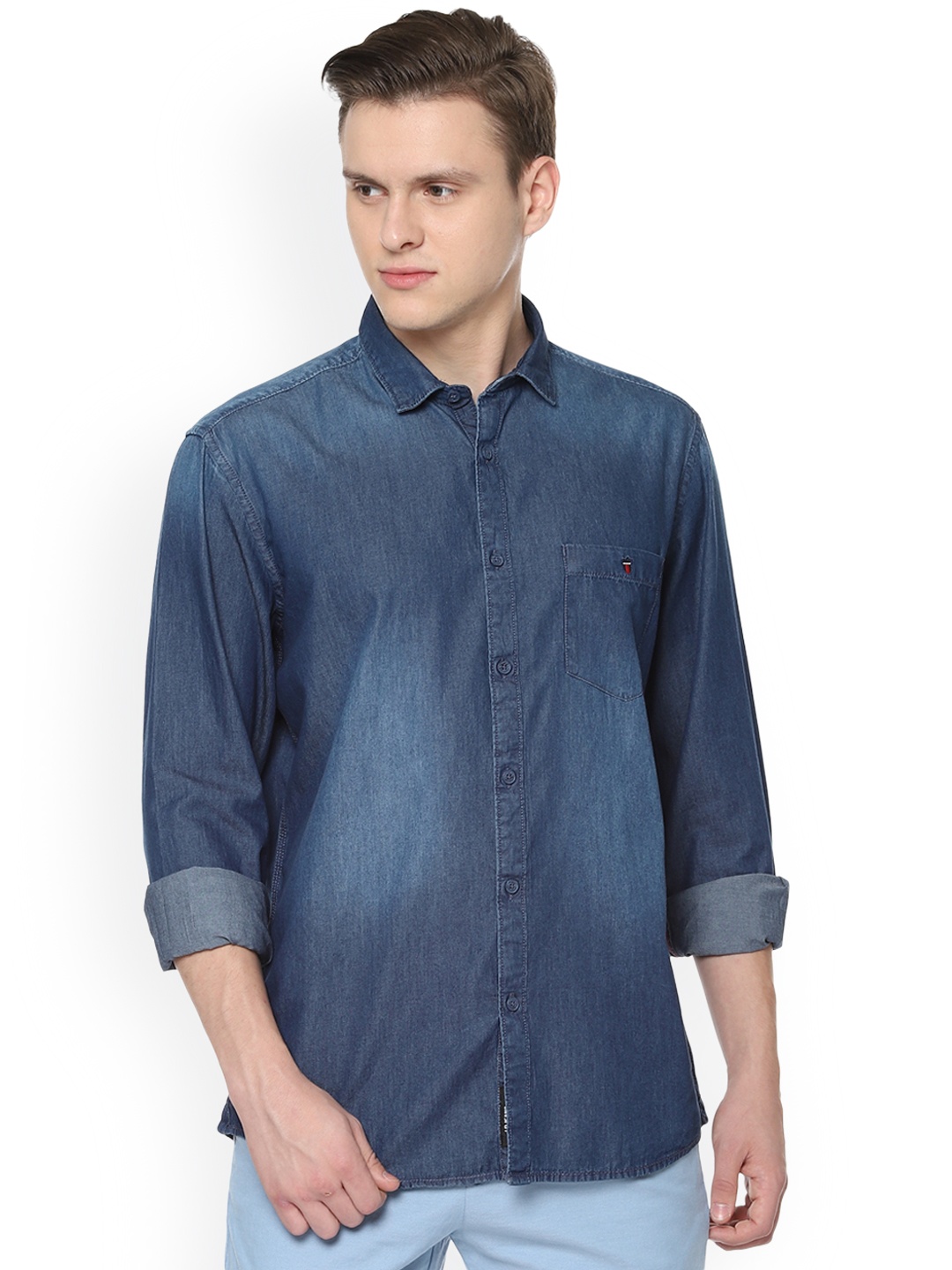 Louis Philippe Jeans Men Blue Tight Slim Fit Faded Casual Shirt