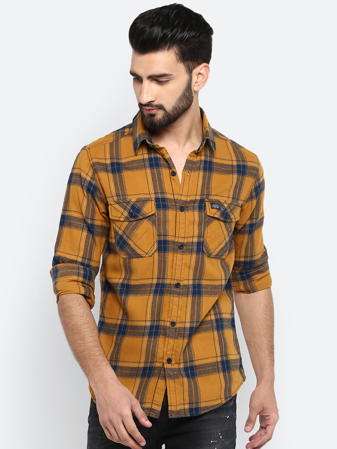 

Mufti Men Yellow & Navy Blue Regular Fit Checked Casual Shirt