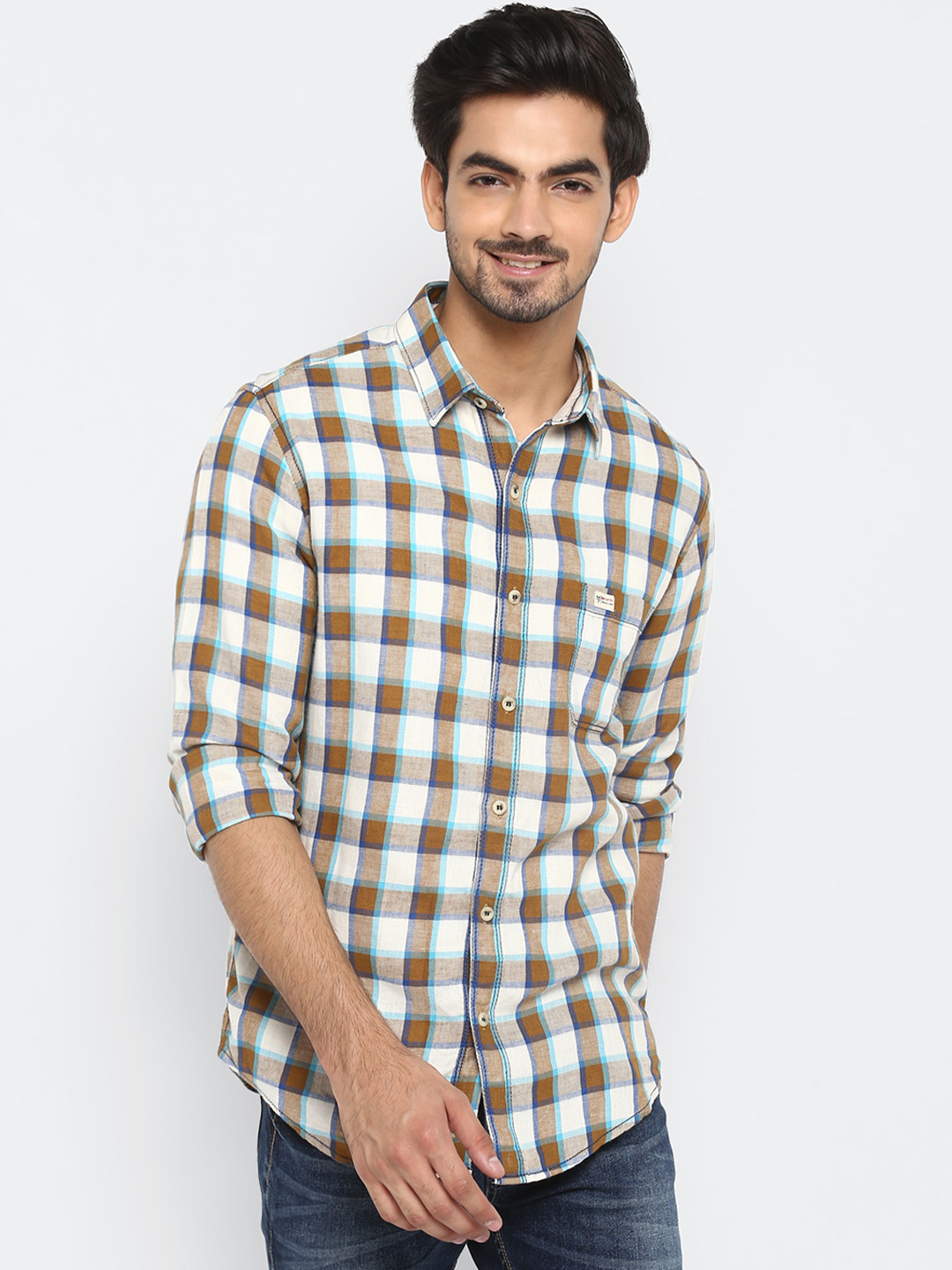 

Mufti Men Off-White & Brown Regular Fit Checked Casual Shirt
