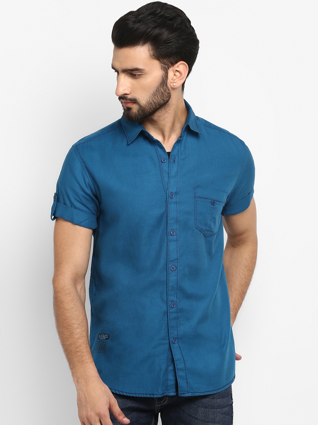 

Mufti Men Teal Blue Regular Fit Solid Casual Shirt