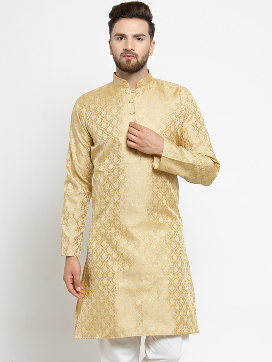 

Jompers Men Golden Woven Design Straight Kurta, Gold
