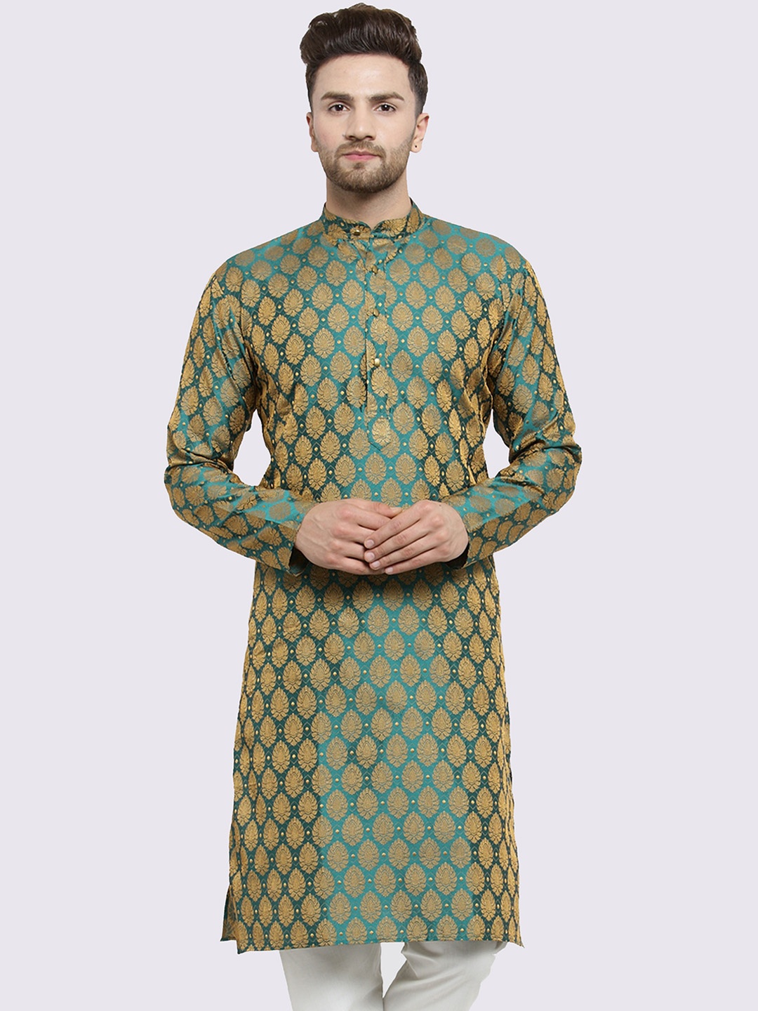 

Jompers Men Green & Gold-Toned Woven Design Straight Kurta