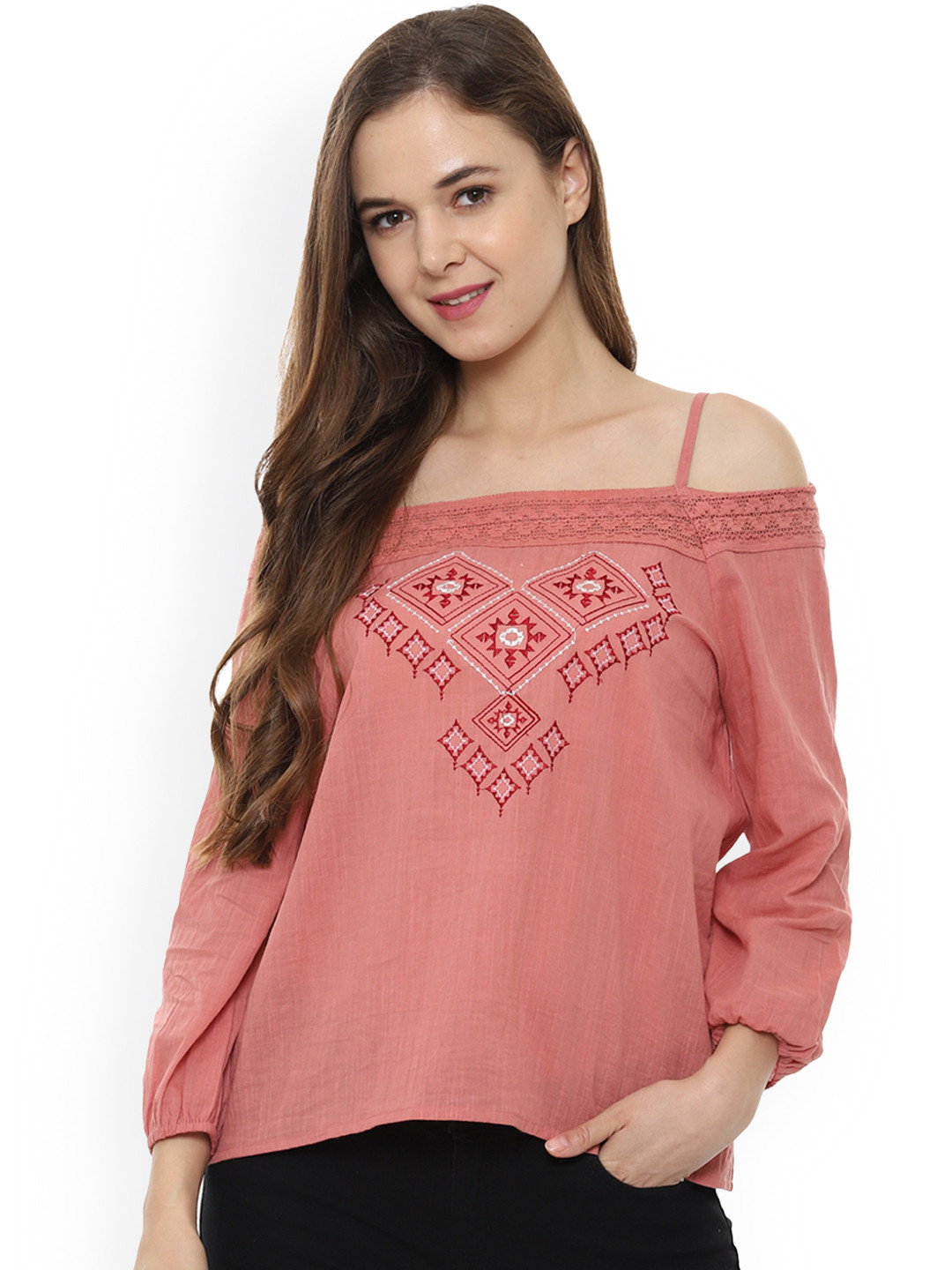 

People Women Pink Solid Pure Cotton Top