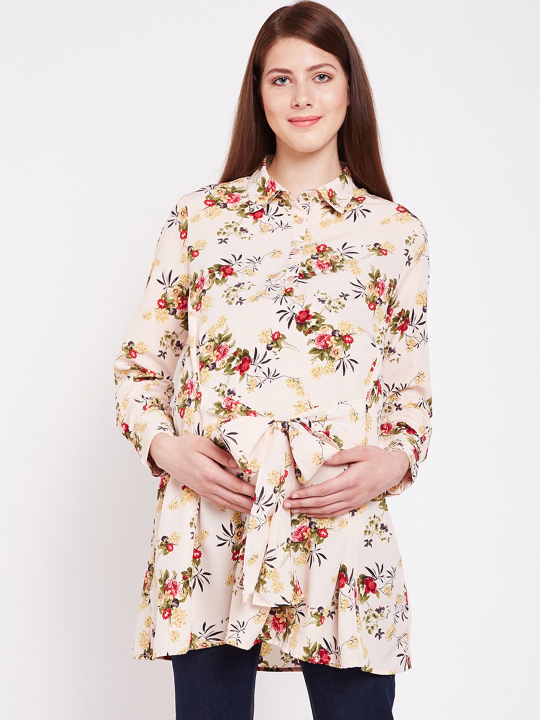 

Oxolloxo Women Beige & Red Printed Maternity Tumic, Nude