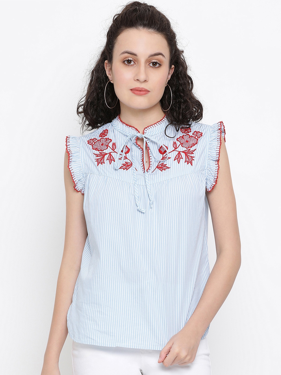 Oxolloxo Women Blue Striped Pure Cotton Top