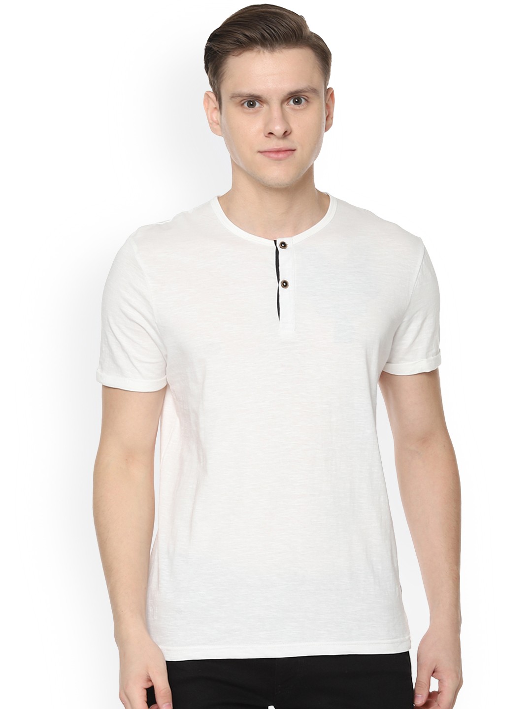 

People Men White Solid Henley Neck Pure Cotton T-shirt