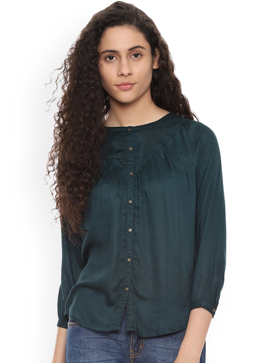 

People Women Green Self Design Shirt Style Top
