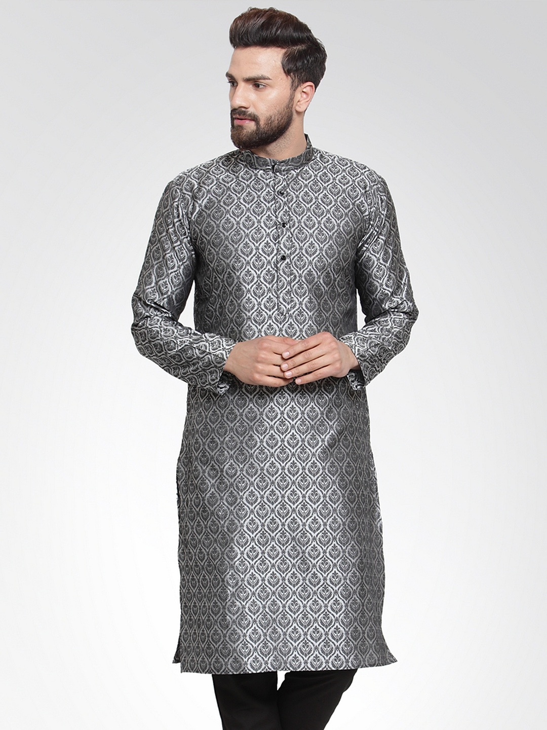 

Jompers Men Silver-Coloured Woven Design Straight Kurta