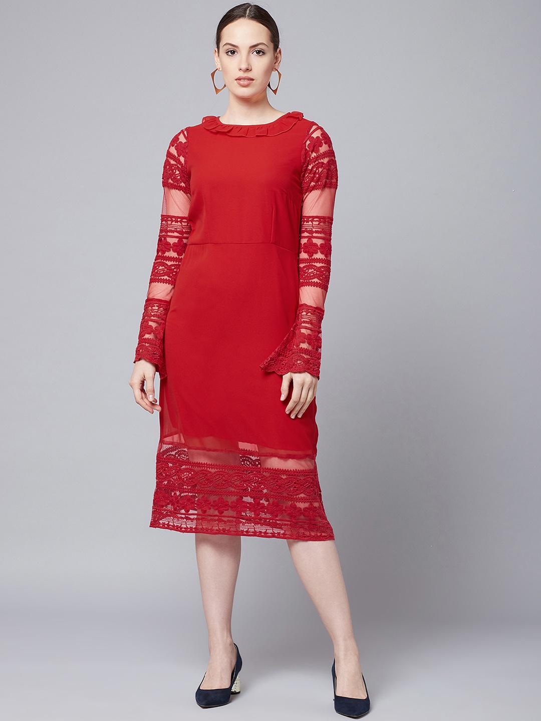 

Athena Women Red Semi-Sheer Sheath Dress