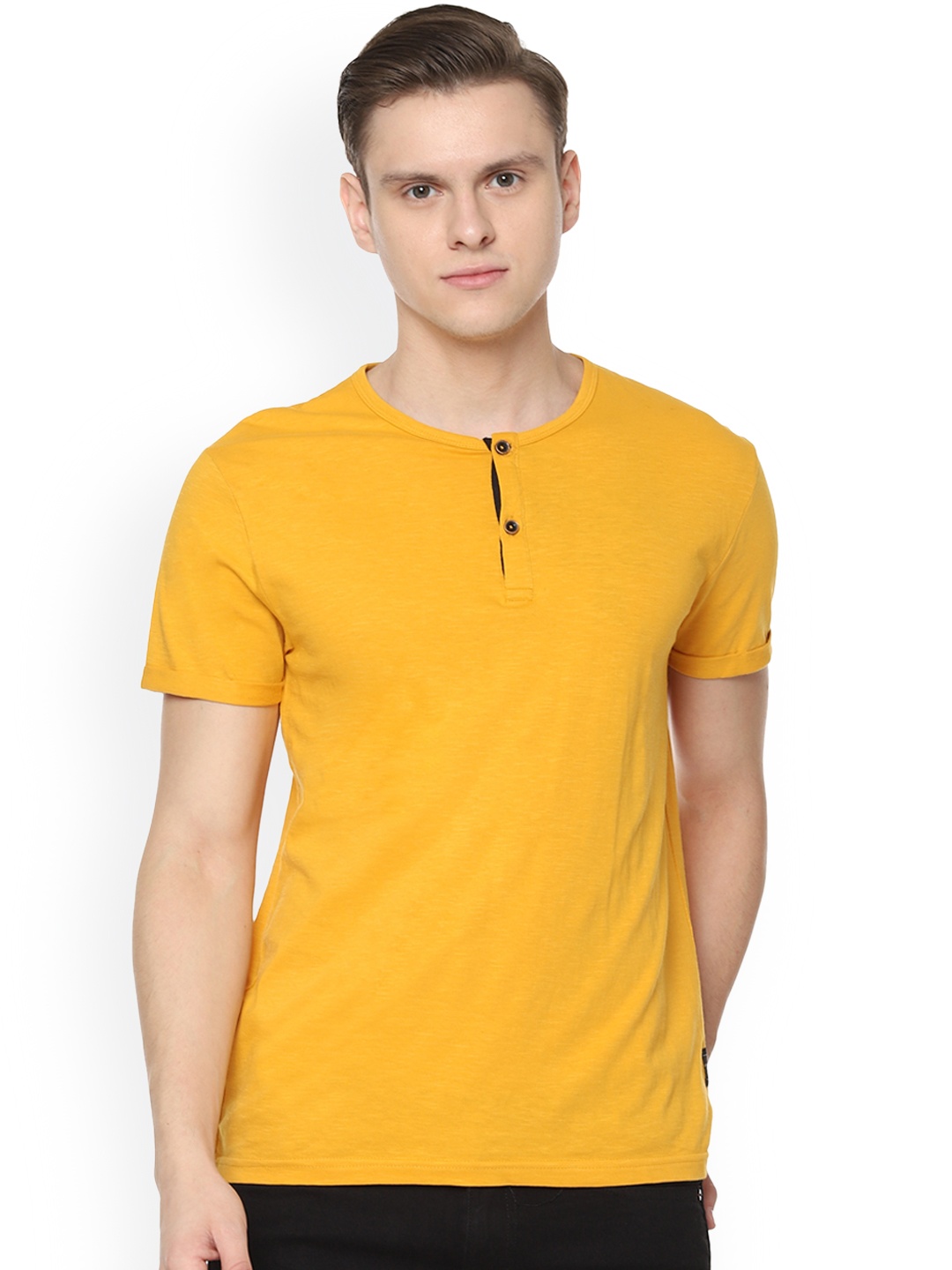 

People Men Yellow Solid Henley Neck Pure Cotton T-shirt