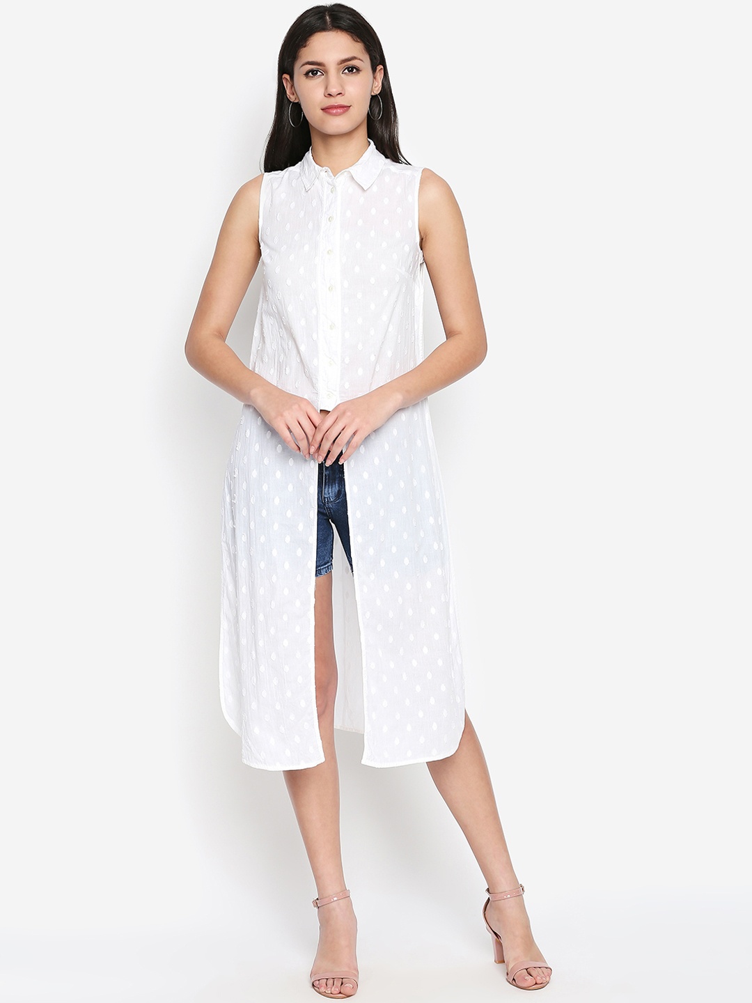 Oxolloxo Women White Regular Fit Self Design Casual Longline Shirt