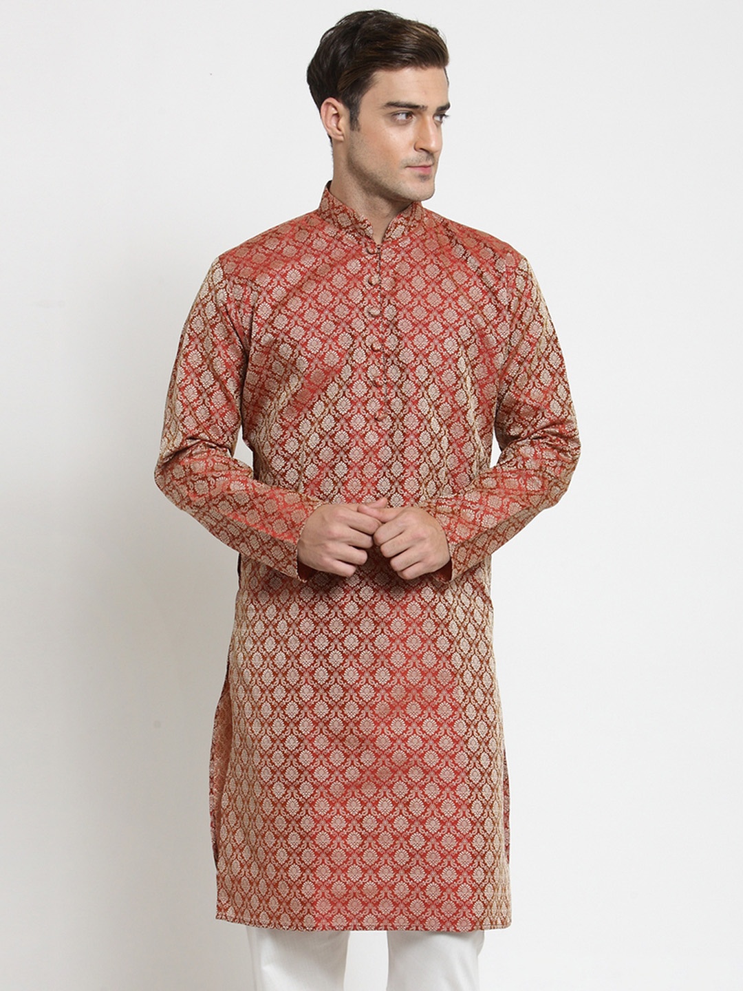 

Jompers Men Red Woven Design Straight Kurta