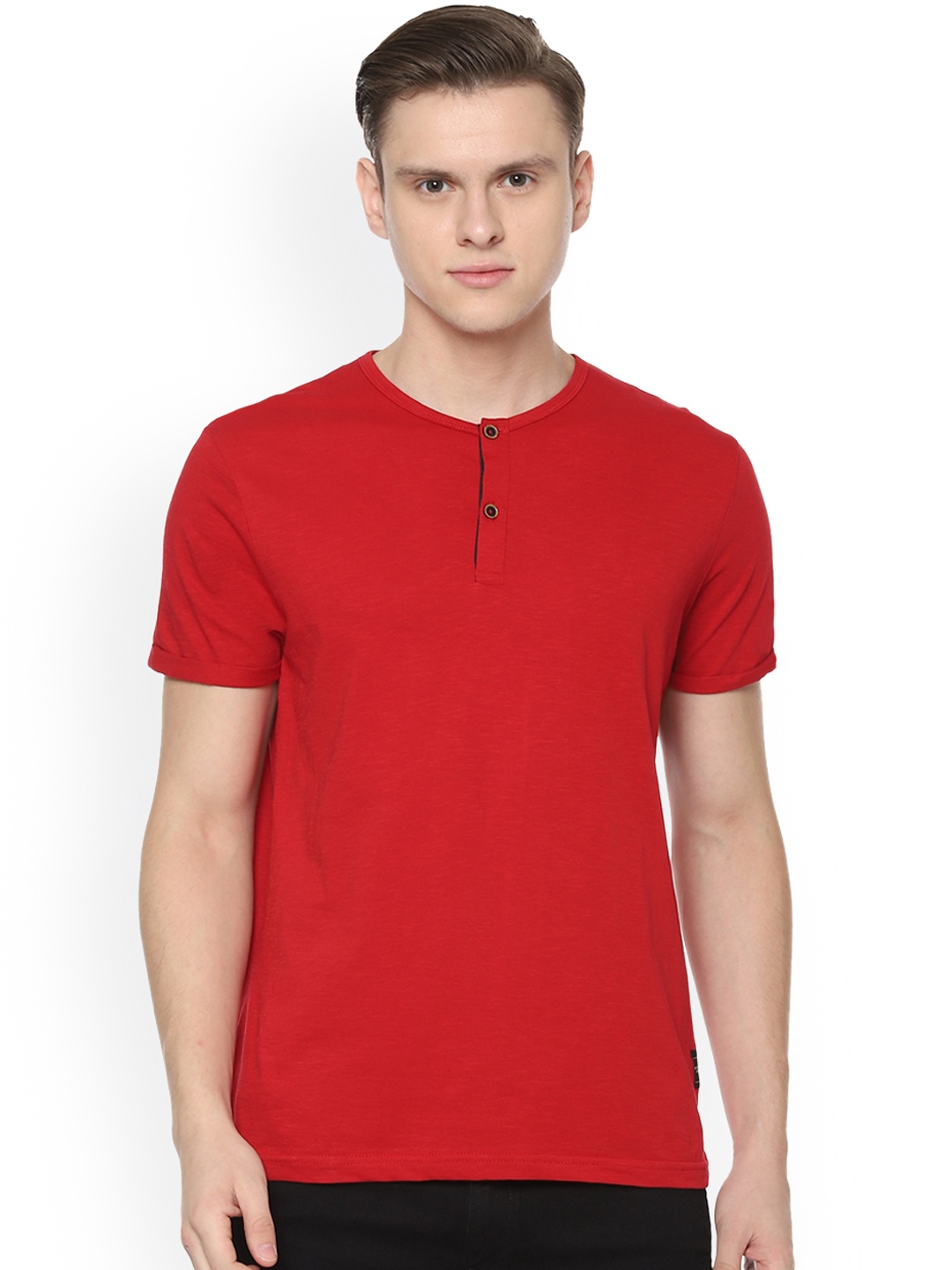 People Men Red Solid Henley Neck Pure Cotton T-shirt