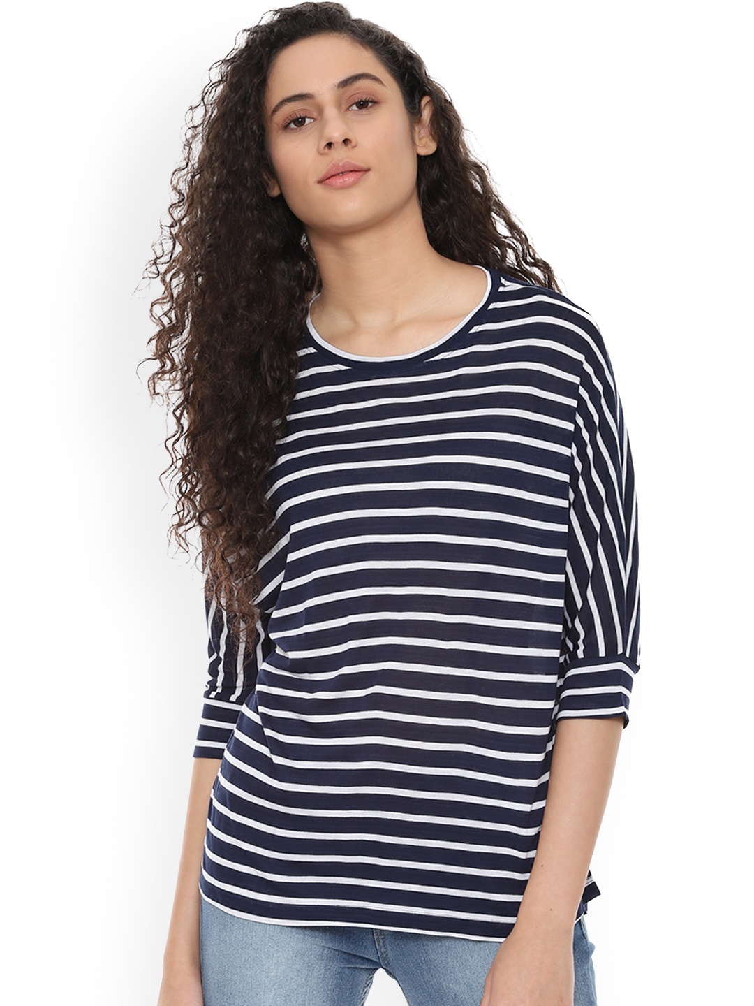 

People Women Navy Blue Striped High-Low Top