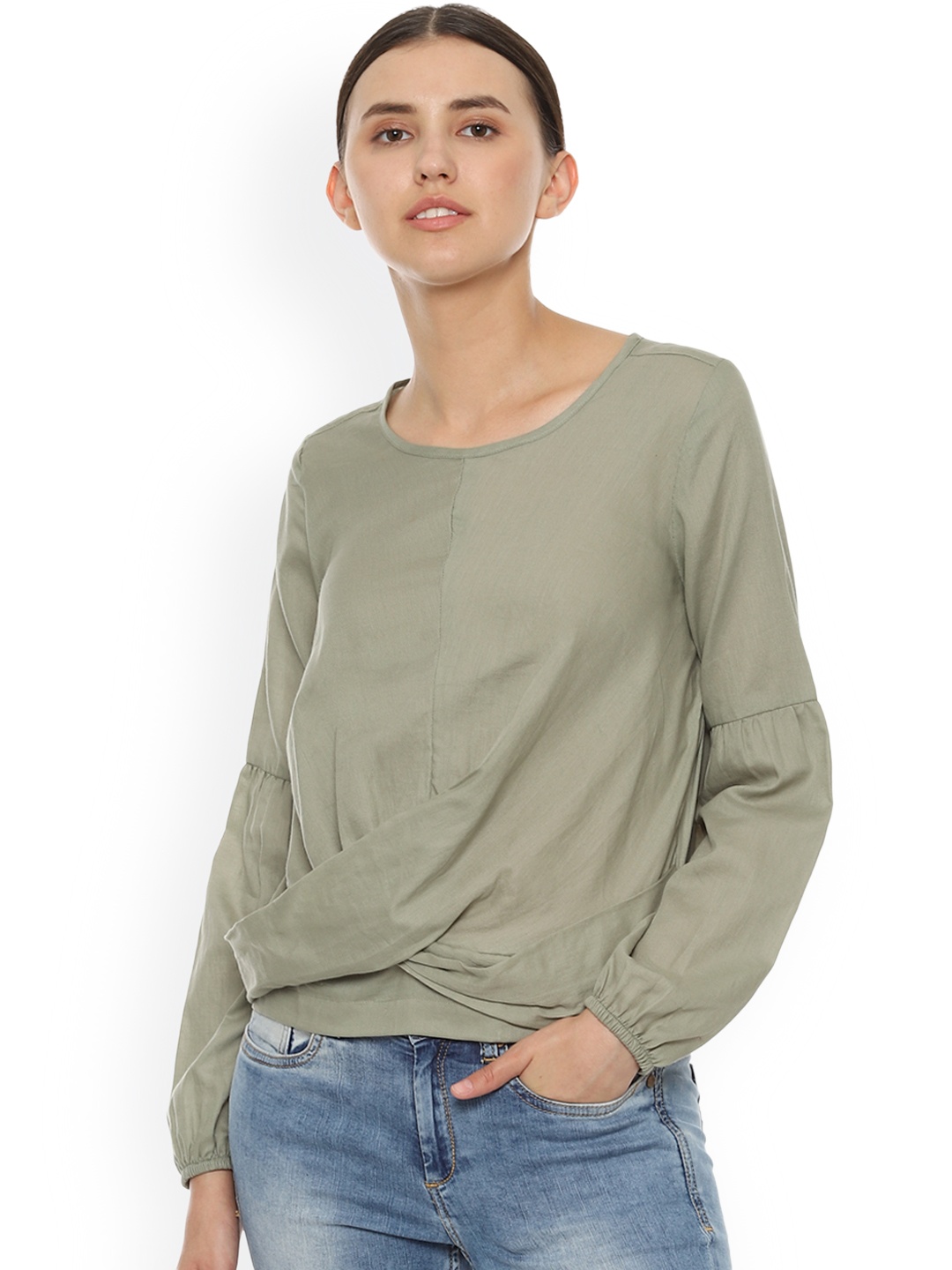 

Van Heusen Woman Olive Green Solid Pure Cotton Top