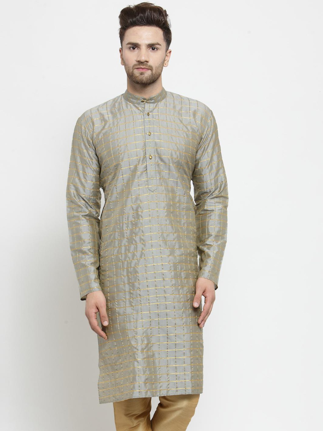 

SOJANYA Men Grey & Gold-Toned Checked Straight Kurta