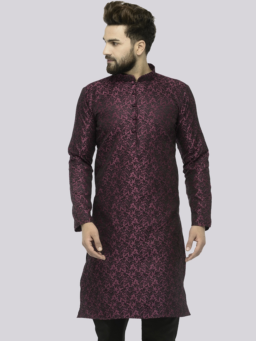 

Jompers Men Purple Floral Woven Design Dupion Silk Straight Kurta