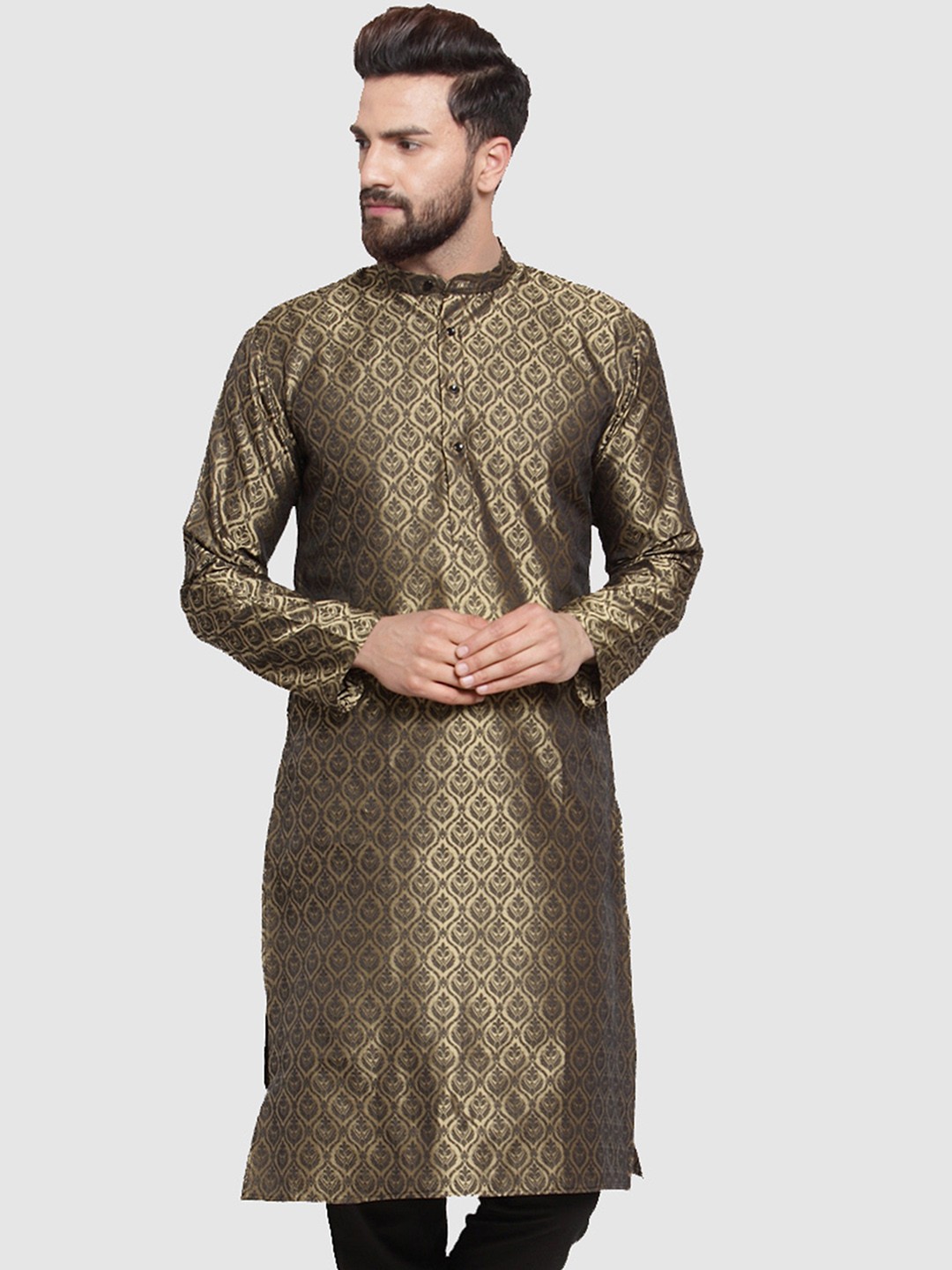Jompers Men Gold-Coloured & Black Woven Design Straight Handloom Kurta