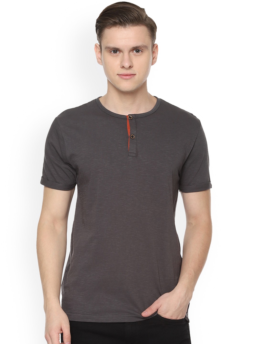 

People Men Grey Solid Henley Neck T-shirt