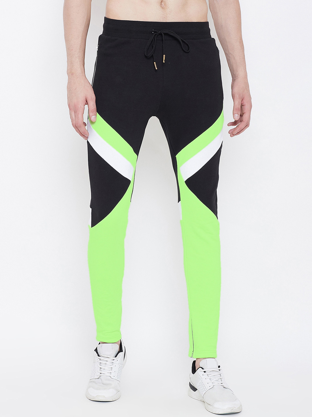 

FUGAZEE Men Black & Fluroscent Green Colourblocked Slim-Fit Track Pants