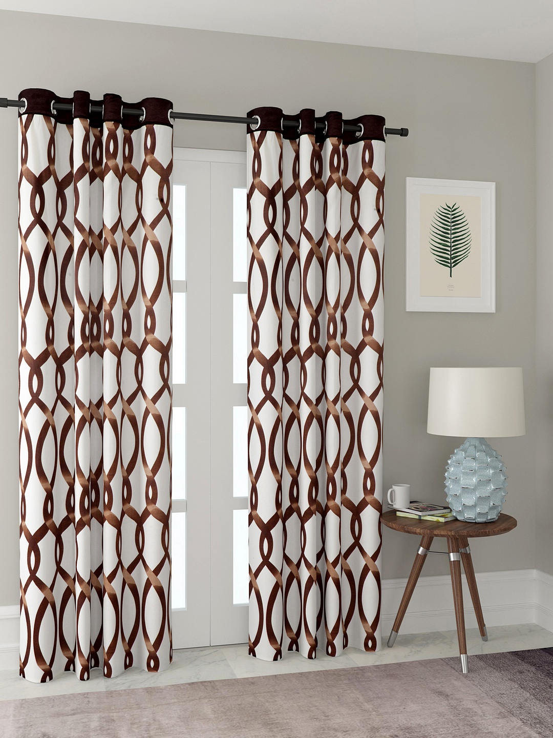 Cortina Set of 2 Brown & Off-White Printed Long Door Curtains