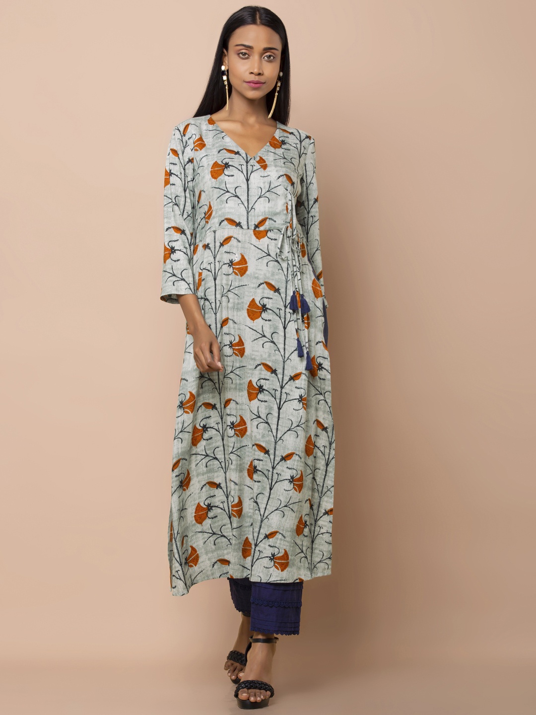 

INDYA Women Grey & Mustard Orange Printed Straight Kurta