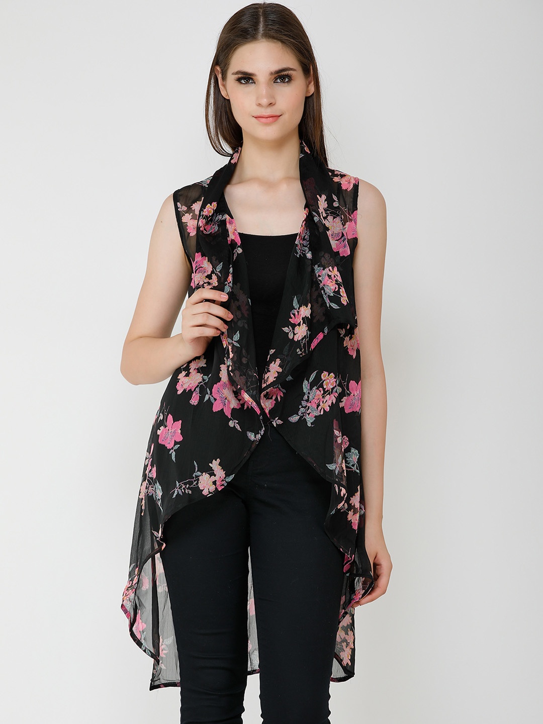 

Cation Women Black & Pink Printed Open Front Shrug