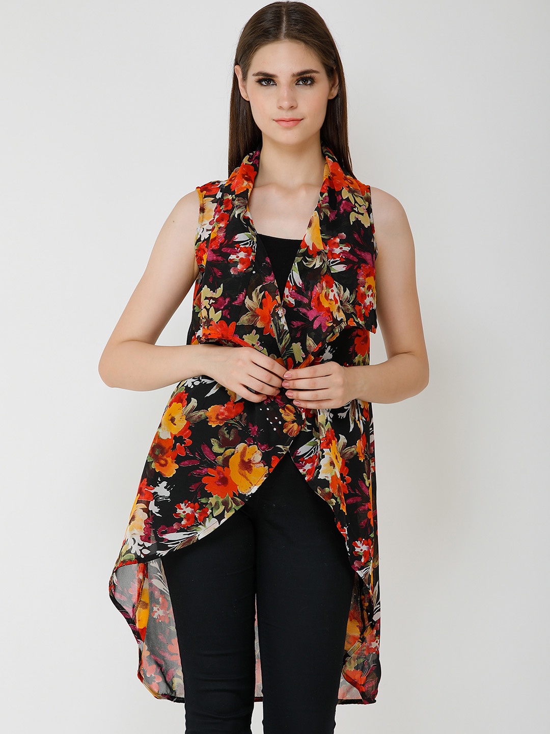 

Cation Women Black & Red Printed Open Front Shrug