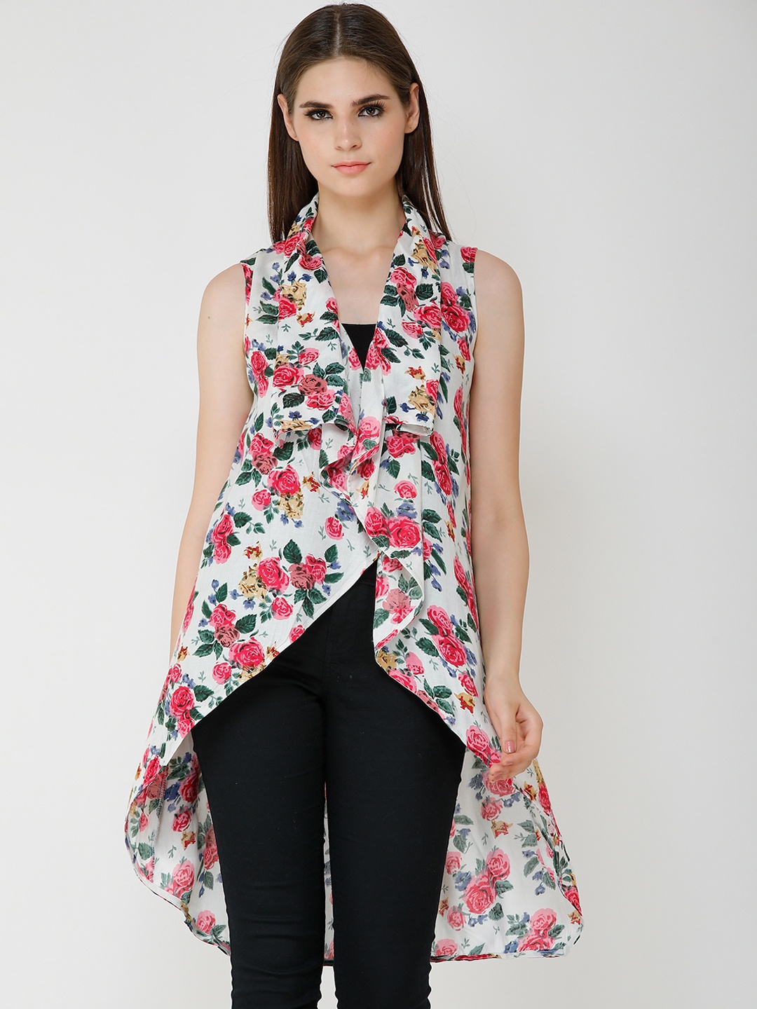 

Cation Women White & Pink Printed Open Front Shrug