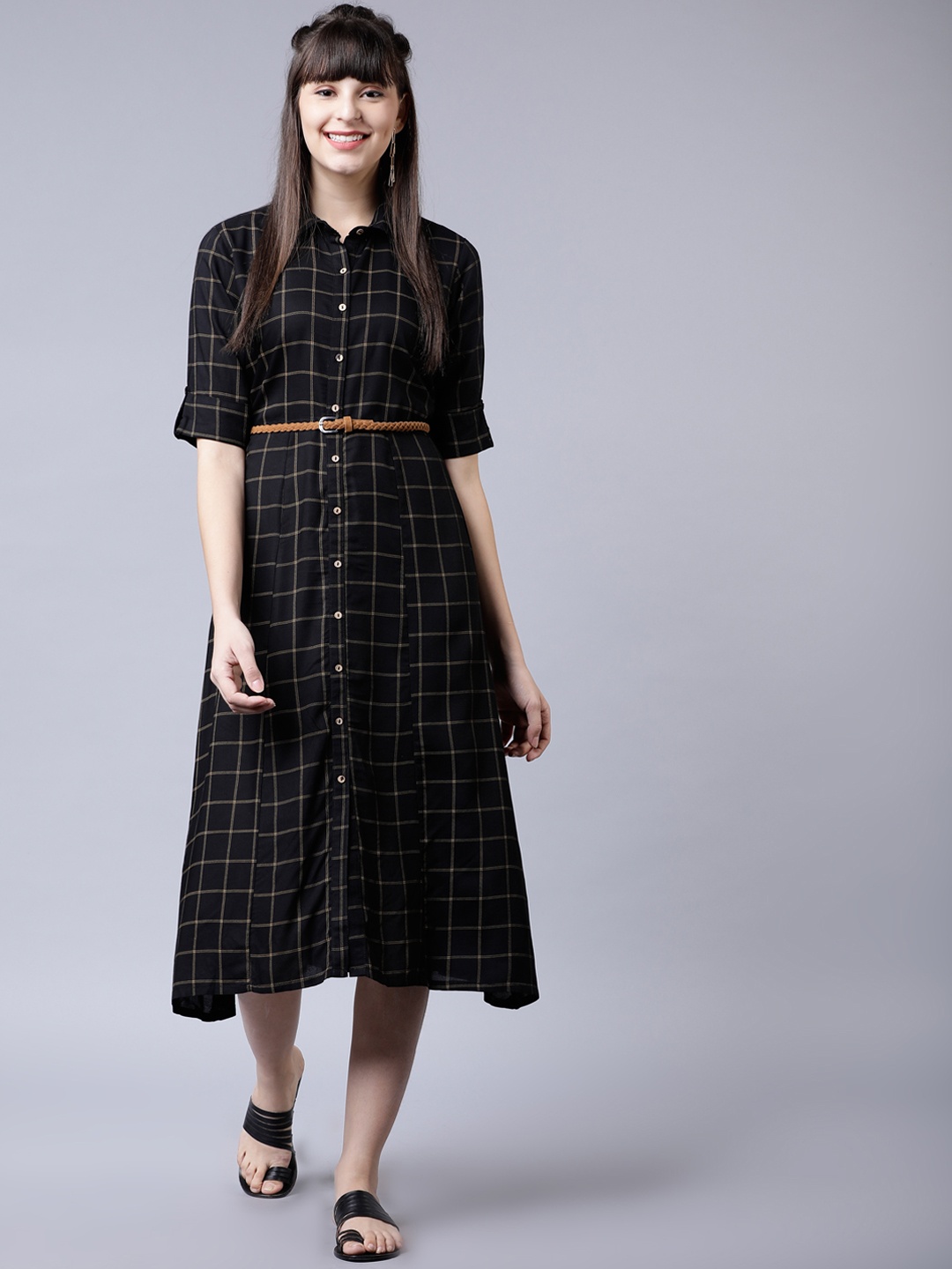 

Vishudh Black & White Checked Shirt Dress With Belt
